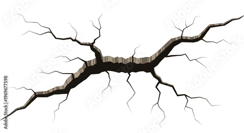 地面や壁に走る深い亀裂とひび割れのグラフィック、断層のような立体的な質感を持つひび割れ模様 isolated on a transparent background crack fissure fracture