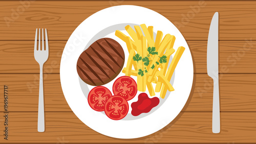 Top view of a grilled beef steak served with golden French fries and sliced red tomatoes on a white plate over a rustic wooden table.