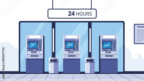 Modern bank interior featuring three automated teller machines or atms for twenty four hour cash withdrawals and financial transactions.