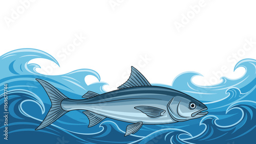 Detailed illustration of a large fish swimming through stylized blue ocean waves under a white sky with room for copy or text at the top.