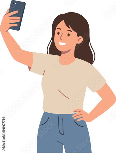 Woman takes selfie with smiling face and hand on hip indoors