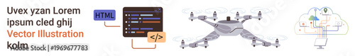 quadcopter technology, cloud infrastructure, programming, software development, automation, and digital transformation. Quadcopter with rotor details, coding elements cloud with connectivity. Drone