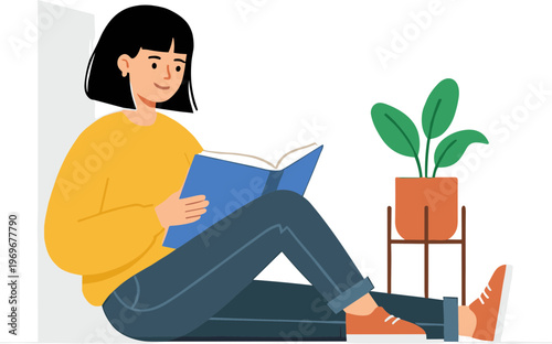 Woman sitting on floor reading book next to green plant on stand