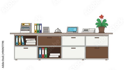 Office reception or filing area with a long counter featuring various binders, a service bell, a tablet, and a blooming red potted plant.