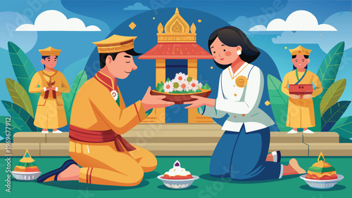 Traditional ceremony with participants presenting offerings in a cultural setting during a festive occasion