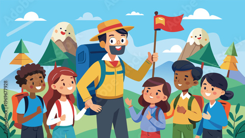 Group of kids with a guide on a hiking trip in a mountainous area during the day