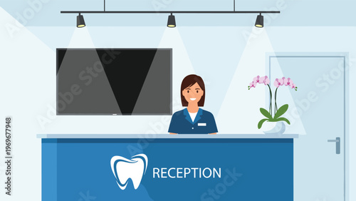 Modern dental clinic reception area featuring a smiling female receptionist behind a sleek blue counter with a white tooth logo.
