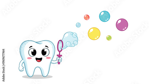 Happy cartoon tooth character blowing colorful soap bubbles of various sizes into the air while holding a pink bubble wand on a white background.