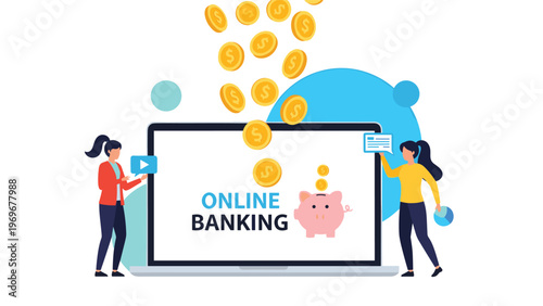 Online banking concept featuring a laptop screen with falling gold coins, a piggy bank, and two women managing their digital finances.
