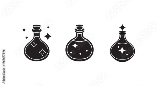 Three black bottles with sparkles on white background  magic potion containers  fantasy glass bottles