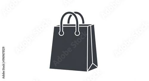A simple graphic illustration of a dark shopping bag with handles on a white background space