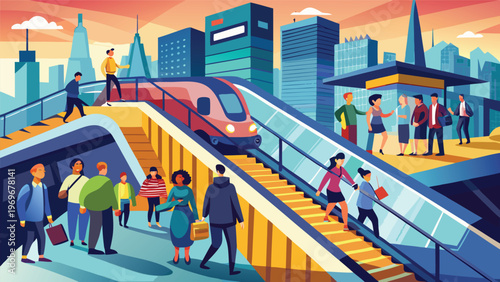 City life shows people using a train station with many steps and a train arriving in the background during the evening