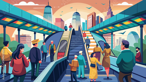 People walking on escalators in a busy city scene during sunset with skyscrapers in the background