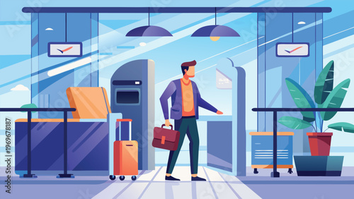 Person walks through a modern check-in area of an airport near a glass entrance on a sunny day