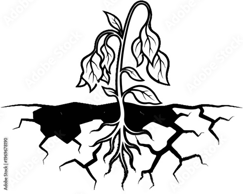 Wilting plant with exposed, cracked roots in barren soil
