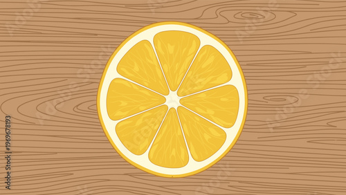 Top view of a fresh orange slice showcasing juicy segments placed on a natural brown wood grain texture.