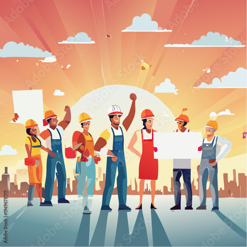 Diverse industrial laborers and workers unite in solidarity with raised fists and protest signs against urban sunrise, symbolizing collective strength and advocacy