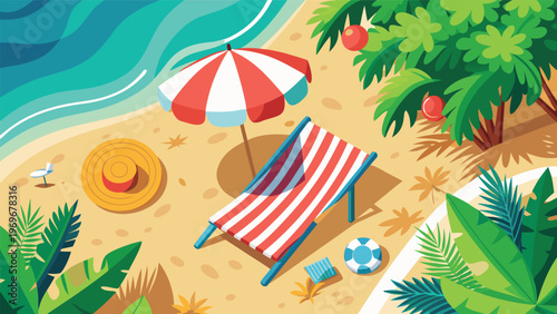Bright beach scene with a lounge chair, umbrella, and summer items near the ocean during daytime