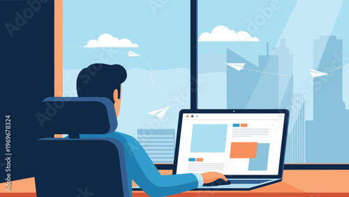 Creative professional working on a laptop in an office while paper planes fly past a scenic city window view.