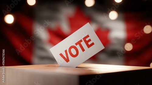 Vote card on a ballot box with Canadian flag.