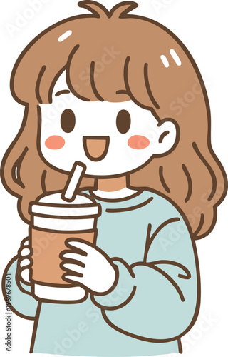 Cute girl holding a coffee cup and smiling, happy young woman with takeout drink illustration