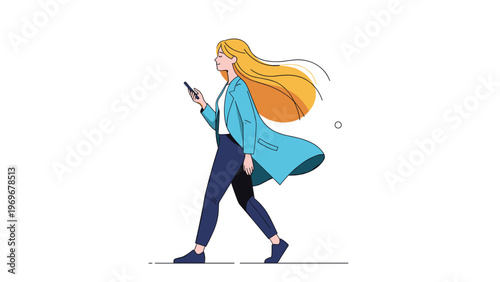 Stylish young woman with long blonde hair walks confidently while browsing her smartphone in a flat illustration.