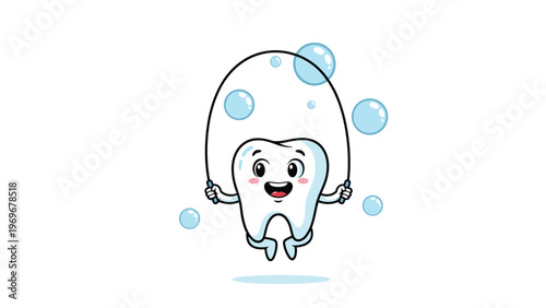 Energetic cartoon tooth character enjoys skipping rope surrounded by floating blue bubbles in a healthy scene.