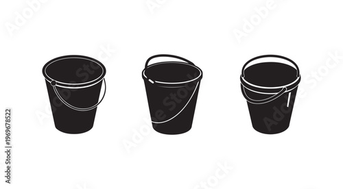Three black buckets with handles in different positions on white background  simple illustration