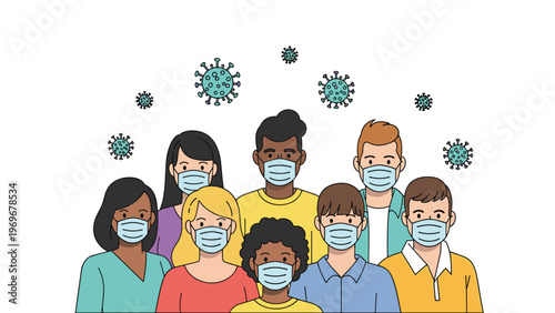 Diverse group of people wearing protective surgical masks to prevent the spread of viral disease and infection.