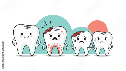 Dental health progression from a healthy white tooth to various stages of decay and painful dental cavities.