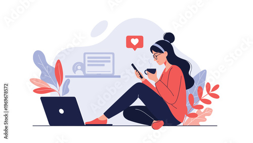 Young woman relaxes on the floor with coffee and her phone while working on a laptop at home or in an office.