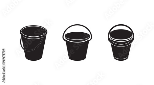 Three black buckets with handles in different positions on white background