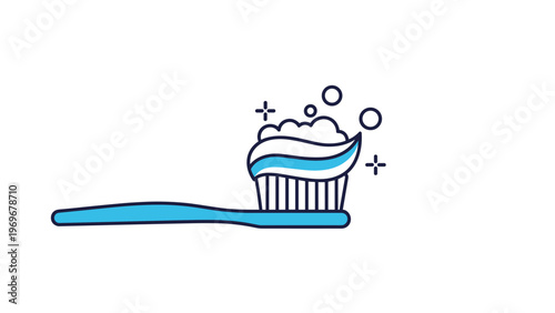 Blue manual toothbrush with a swirl of striped toothpaste and floating soapy bubbles for dental hygiene.