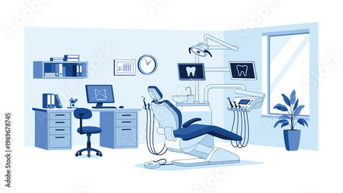 Modern and clean interior of a dental office featuring a professional chair, workstation, and large window.