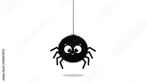Cute little fuzzy black spider character hangs from a thin web thread with a friendly smiling face for kids.