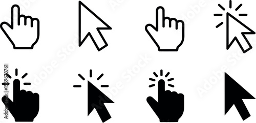 Vector set of hand and arrow cursor icons in outline and filled styles, includes click, hover, and pointer states, ideal for UI, UX, web interface, and app design