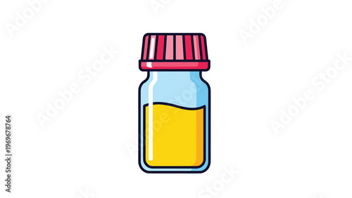 Small medical glass vial filled with yellow liquid medication and sealed with a bright red plastic cap.