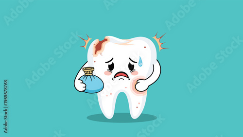 Distressed cartoon tooth character suffering from a cavity and holding a blue ice pack to its swollen cheek.