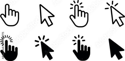Vector set of hand and arrow cursor icons in outline and filled styles, includes click, hover, and pointer states, ideal for UI, UX, web interface, and app design