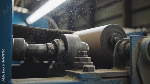 Industrial machinery processes material with rotating rollers and dust particles in a manufacturing facility, illuminated by overhead fluorescent lighting