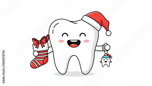 Happy cartoon tooth character wearing a red Santa hat and holding a holiday stocking and tooth ornament.