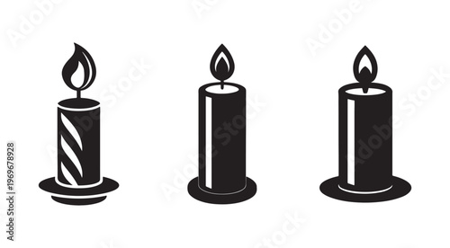 Three black candle icons with flames on top  isolated on white background