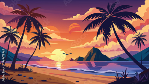 Sunset view at beach with palm trees, mountains, and colorful sky during evening time