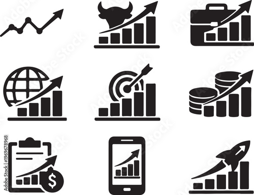 A collection of black icons representing business growth and financial success in a flat style.