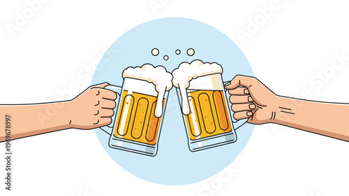 Two people clink large glass mugs filled with foaming amber beer against a light blue circular background during a happy celebration.