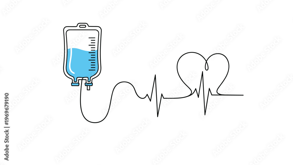 Obraz premium Conceptual line drawing of an intravenous IV bag connected to a heart rate monitor line that forms a heart shape for medical care.