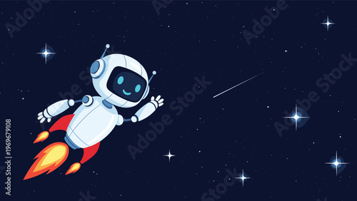 Small white astronaut robot character zooms through a dark starry sky powered by a bright orange rocket engine on a space mission.