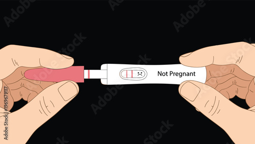 Pair of hands holds a digital pregnancy test that displays a sad face icon and the text Not Pregnant against a dark background.