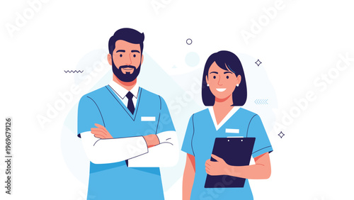 Professional male and female doctors standing together in blue scrubs against a clean abstract background with a clipboard in hand.