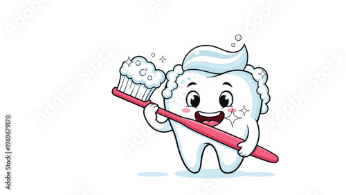 Happy cartoon tooth character holds a red toothbrush covered in white foam for a clean and sparkling smile in a dental illustration.